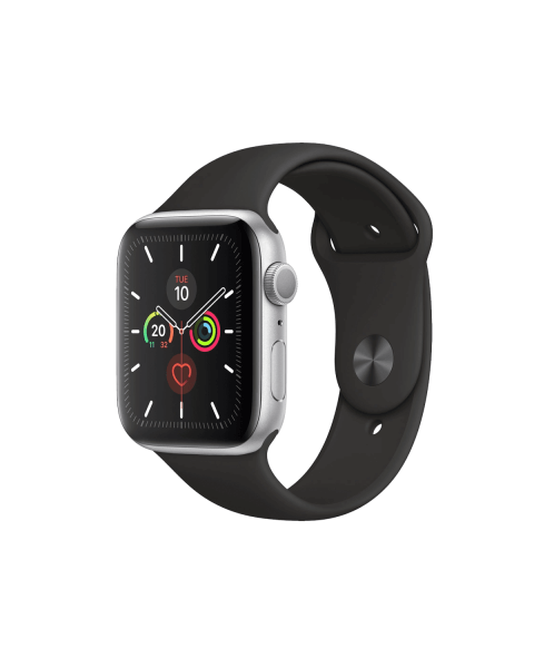 Refurbished Apple Watch Series 5 | 44mm | Aluminium Case Zilver | Zwart sportbandje | GPS | WiFi + 4G