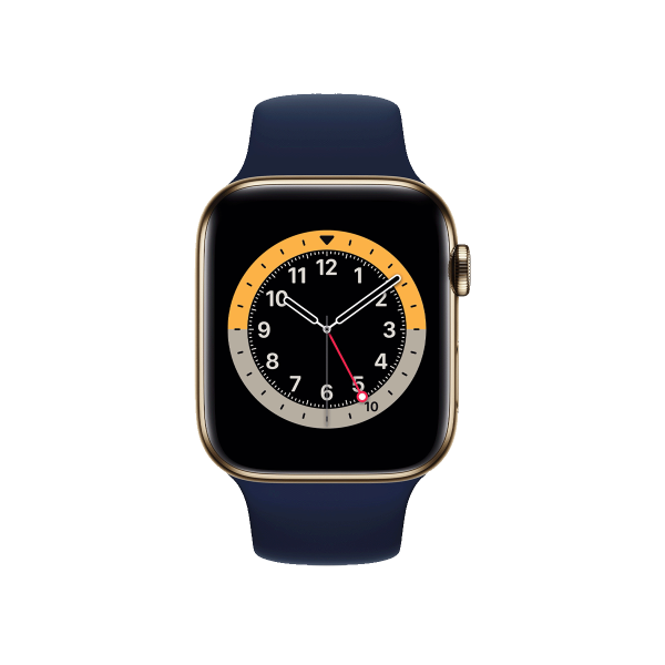 Apple Watch Series 6 | 44mm | Stainless Steel Case Goud | Deep Navy sportbandje | GPS | WiFi + 4G