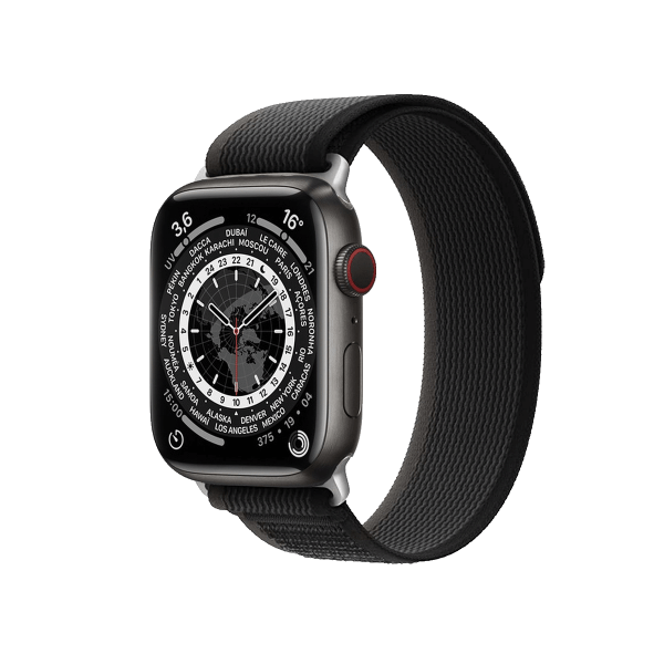 Apple Watch Series 7 | 45mm | Titanium Case Spacezwart | Grijs/Zwart trailbandje | GPS | WiFi + 4G