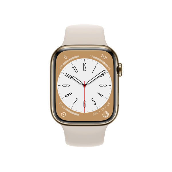 Apple Watch Series 8 | 45mm | Stainless Steel Case Goud | Sterrenlicht Wit sportbandje | GPS | WiFi + 4G