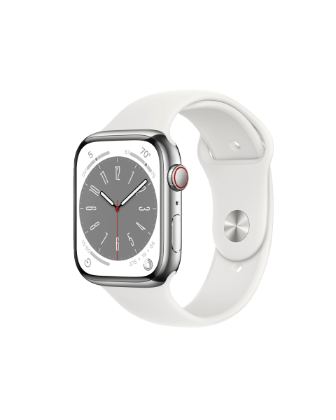 Apple Watch Series 8 | 45mm | Stainless Steel Case Zilver | Wit sportbandje | GPS | WiFi + 4G